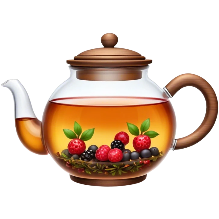 Cinematic realistic emoji depicting a transparent teapot with a realistic wooden lid filled with tea and berries floating in it, rich texture, without unnecessary decoration emoji