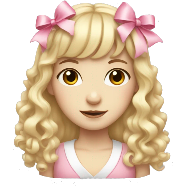 Blonde, pale girl with bangs and curly, long hair with pink bows  emoji
