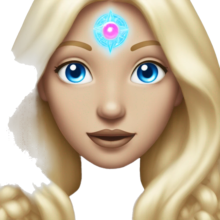 magical diva with thin pink andromedan face long blonde hair and blue eyes glowing third eye emoji