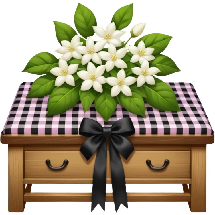 A lush bouquet of white color Jasmin black satin ribbon, resting on an antique wooden table, with a pale yellow and pink plaid pattern table cloth emoji
