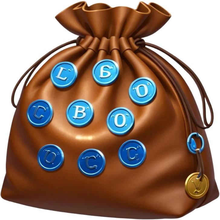 blue coins inside a brown leather bag  emoji
