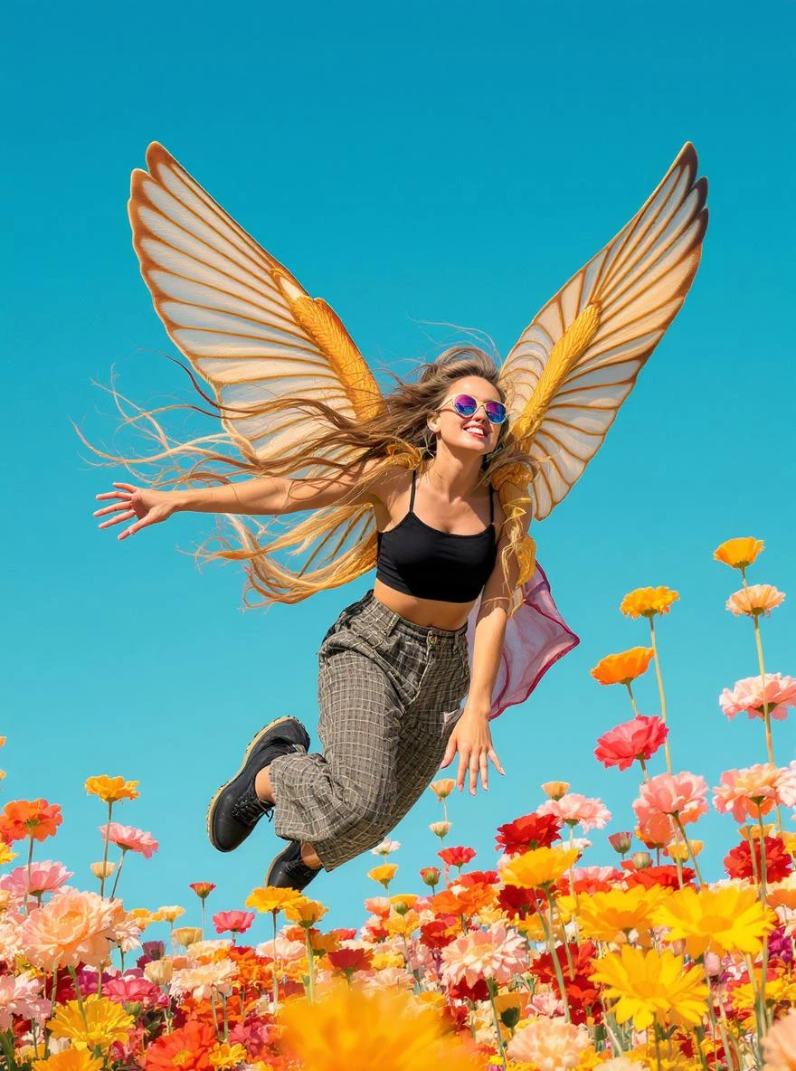 Closeup photo of a woman flying around colorfull flowers wearing alternative fashion, blue sky minimalistic background emoji