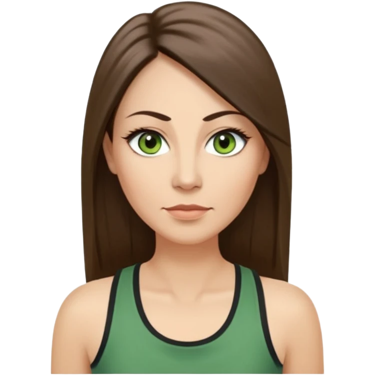 43 year old Adult woman avatar, light skin tone, long, oval face, long straight ashy brown hair, green almond-shaped eyes with dramatic eyelashes and minimal eyeliner, neutral mouth, medium straight eyebrows, average nose, smooth skin, high-neck tank top  emoji