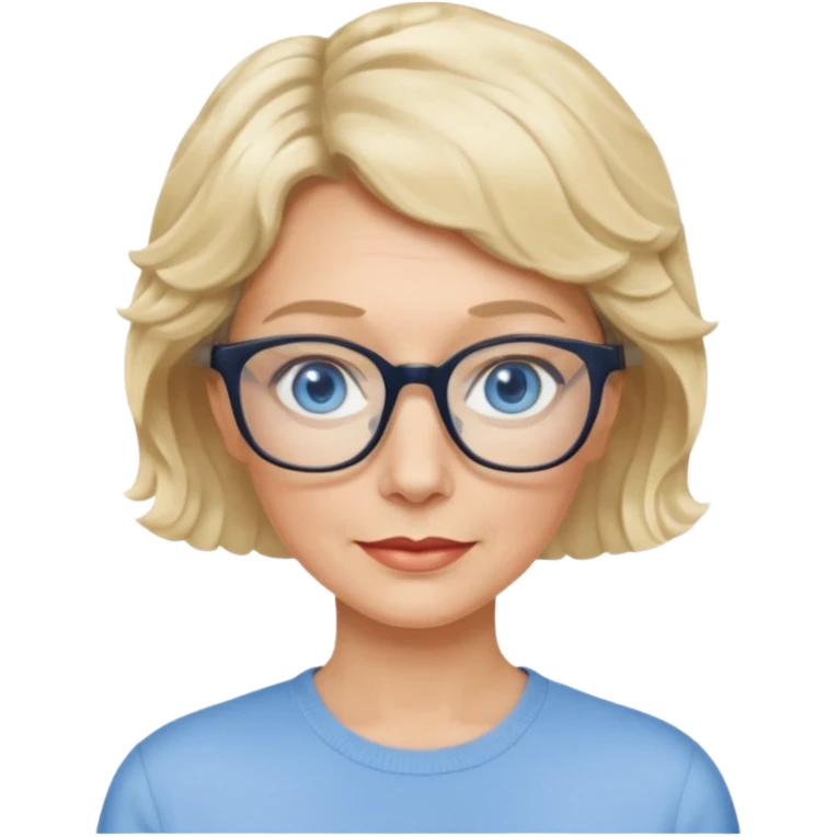 woman 60 very short weavy blonde haire, rectangle glases, blue eyes emoji