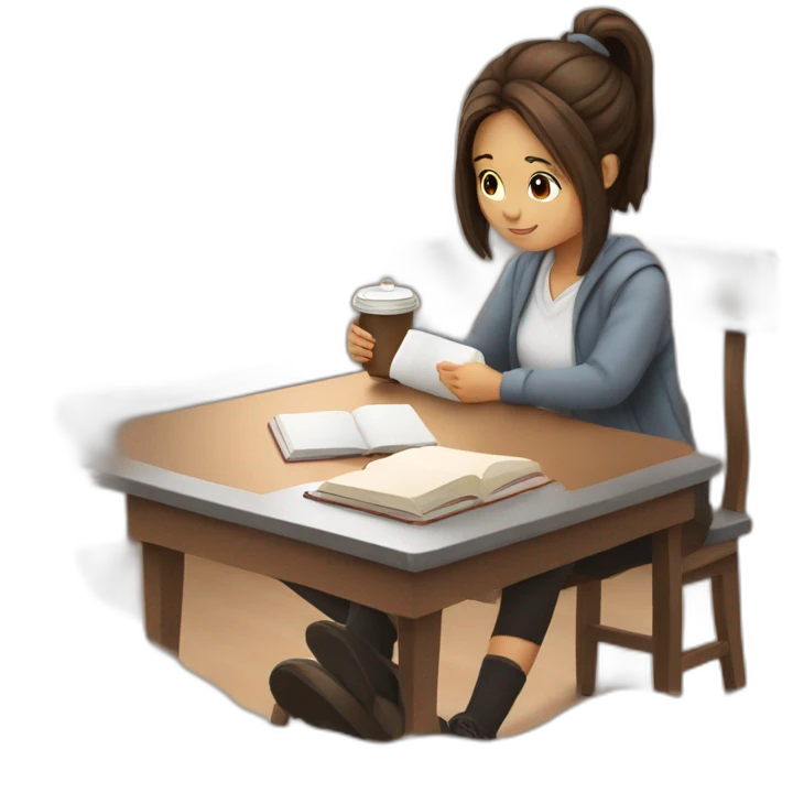 Cute girl full body studying and sipping coffee emoji