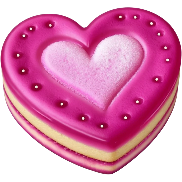 Realistic shortbread cookie in the shape of a heart with Fuchsia color jelly middle filling and sprinkled powder sugar on top. emoji