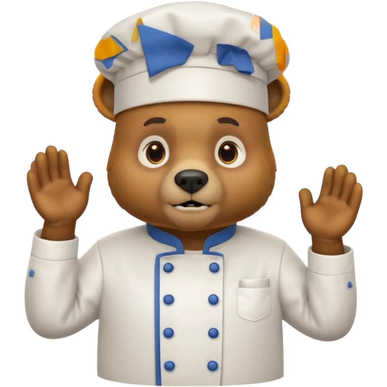 A bear wearing a chef uniform, nervously preparing a dish, portrait emoji