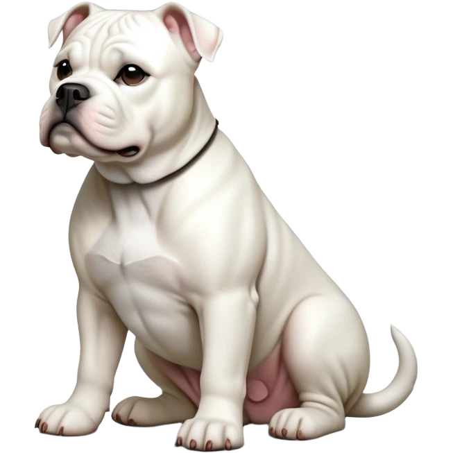 cinematic-[solid white american bulldog]-realistic-full-body-sitting-emoji,-tail-resting-loosely-beside-its-paws,-head-tilted-dramatically,-sleek-[solid white]-fur,-simplified-yet-realistic-focused-features,-highly-detailed,-glowing-with-an-almost-sarcastic-glow emoji