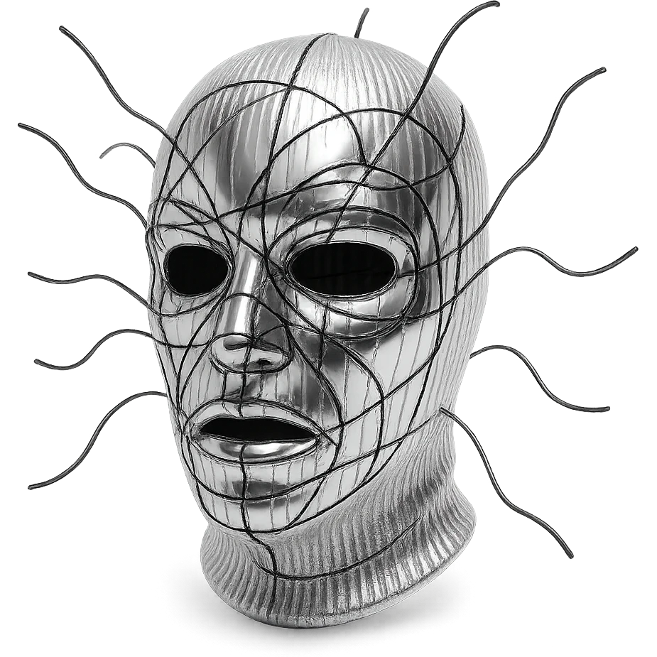 The mask is a full-head, white knitted balaclava with a tight ribbed texture. It features two asymmetrical eye openings and a partially exposed mouth area. Black thread is stitched across the surface in chaotic, abstract lines that trace facial features, giving a hand-drawn effect. Several black cords extend outward from the mask, varying in length and direction, adding a sculptural, almost organic appearance. The overall look is bold, handcrafted, and visually striking. emoji