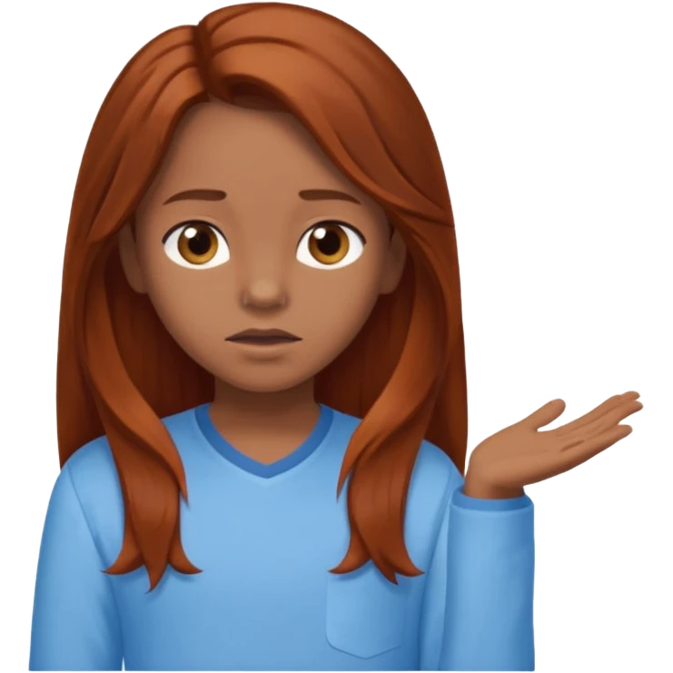 shrugging emoji brown eyed tween long auburn hair light blue shirt with a darker blue L emoji