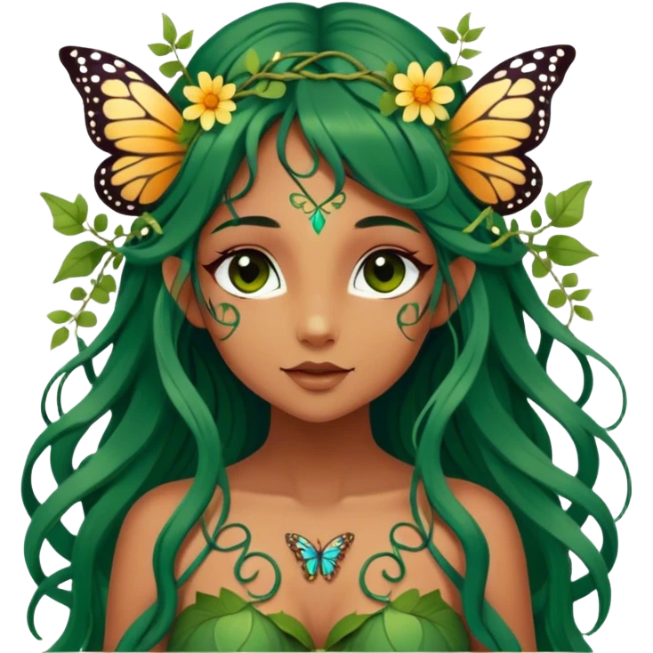 Cinematic Realistic Forest Nymph Fairy portrait, with butterfly wings and depicted with lifelike, sun-kissed tanned skin that radiates an earthy glow, softly illuminated by natural, dappled light. Her long, flowing dark green hair is intricately detailed and interwoven with delicate vines and wildflowers, while her deep, soulful eyes mirror the wisdom of the forest. Dressed in an attire inspired by nature’s palette—with subtle botanical motifs—the portrait exudes a soft, enchanted glow that melds realism with woodland magic. emoji