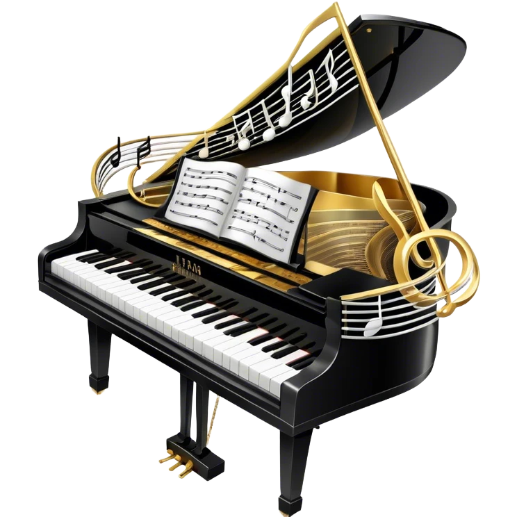 Create an elegant and festive emoji collage representing keyboard instruments, styled like a heraldic emblem. The design should feature a central focal point of black and white piano keys, arranged in a semi-circular or shield-like shape. Around the piano keys, add intertwining musical notes that form flowing ribbons, creating a dynamic and celebratory atmosphere. The design should be professional, with polished silver and gold accents on the keys and notes, highlighting the luxury and sophistication of the instruments. Add subtle shading and lighting effects to give the design a refined, 3D appearance. The background should remain transparent, and the overall feel should evoke grandeur, artistry, and a sense of celebration. emoji