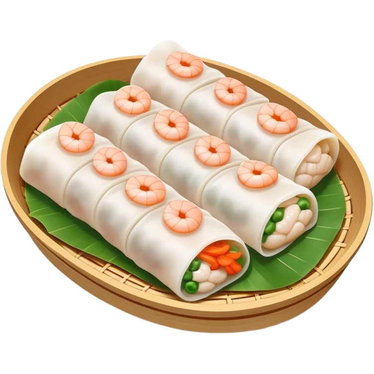 Shrimp rice noodle roll Har Cheung Fun with visible shrimp inside, simplified emoji style with bold outlines and bright colors, cartoon style Cantonese dim sum specialty emoji