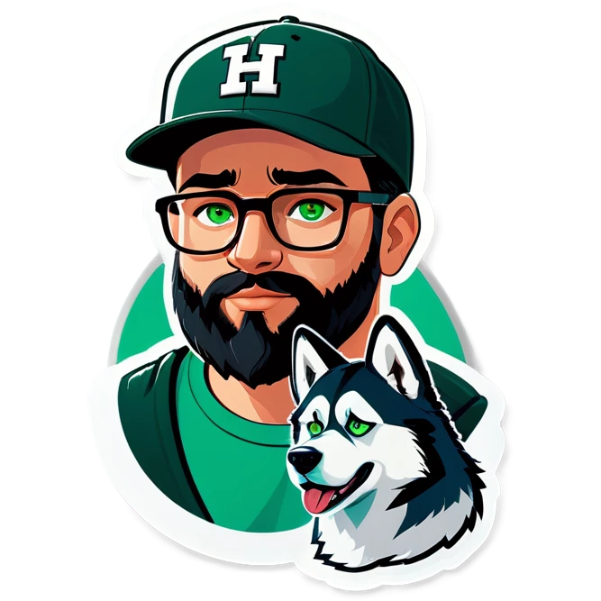 A bold man with a grey baseball cap, green eyes, big beard and glasses next to a husky dog emoji