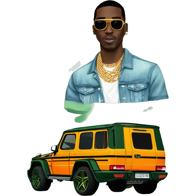 rapper,Young Dolph luxury clothes,blue diamond chain on,near his car, just opened drivers side car door to his all orange and green colored,whole car painted army camouflage, Mercedes G Wagon emoji