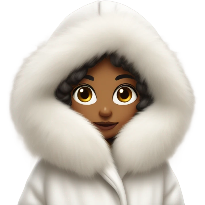 Tanned Girl with lashes ,  in an extremely big fluffy oversized white fur coat with hood on. The fur is real and it’s very obvious big and fluffy like in Pinterest  emoji