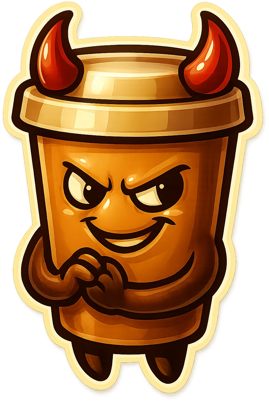Tall coffee cup, devil horns, smirking, evil, rubbing hands together emoji