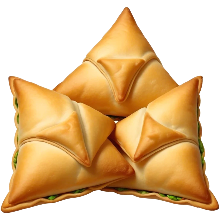 Cinematic Realistic Samosas Dish Emoji, depicted as golden, crispy pastry pockets filled with spiced vegetables rendered with detailed textures and appetizing lighting. emoji