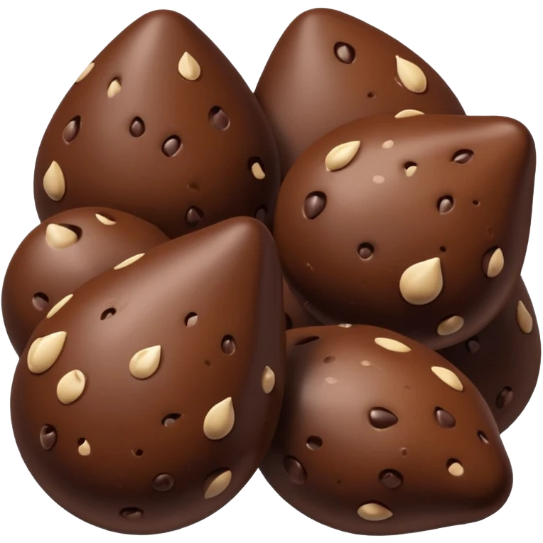 chocolate chips, small cluster, teardrop shape, glossy dark brown, subtle shading, solid and dry, 3D clean style, optimized for emoji size emoji
