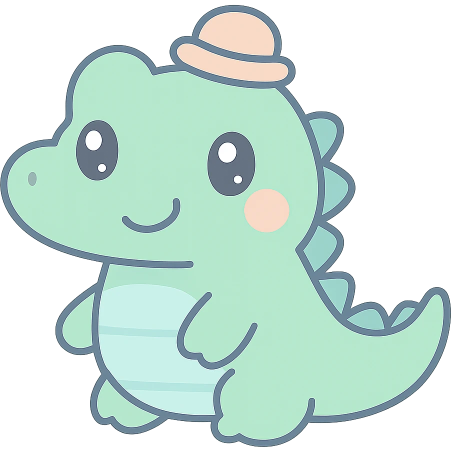 kawaii style crocodile, wearing a tiny hat, playful expression, pastel palette emoji