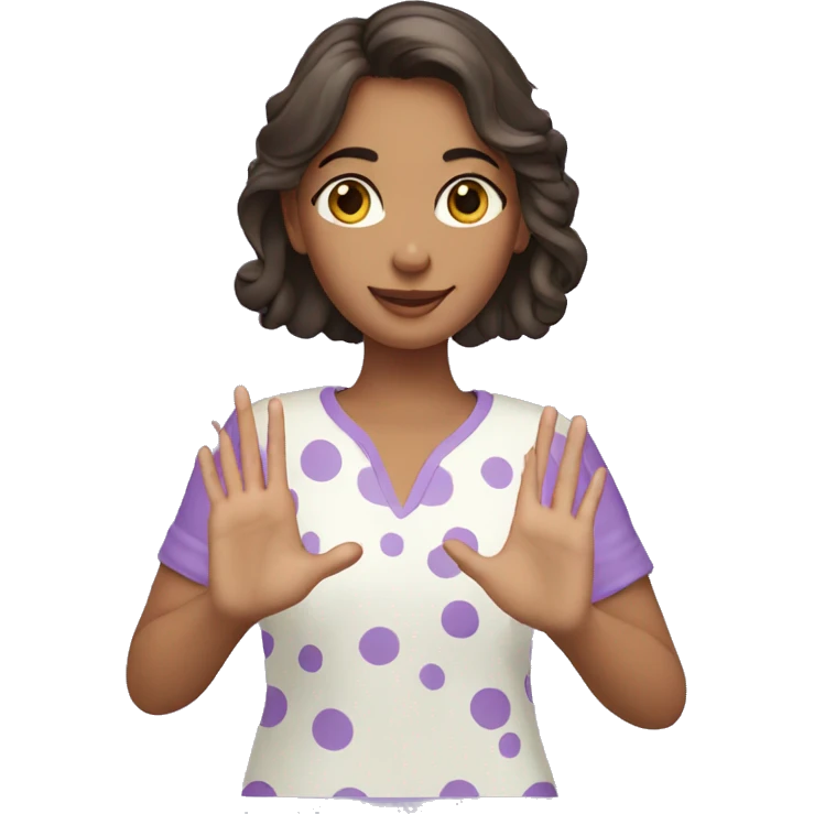 A girl with lavender kurti white spots showing three fingers in one hand emoji