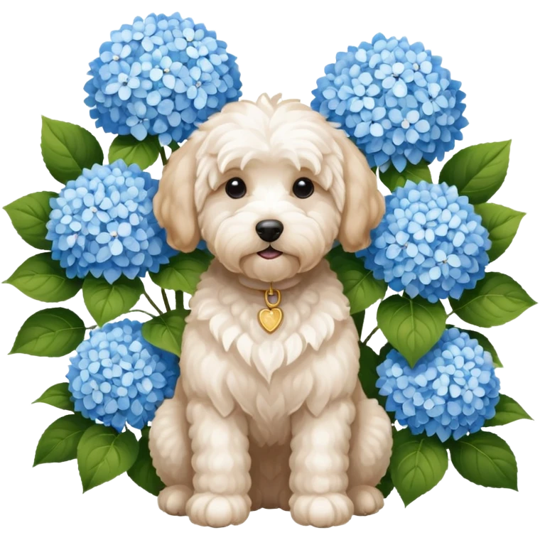 A goldendoodle and a white Maltese sitting in front of a hydrangea bush emoji