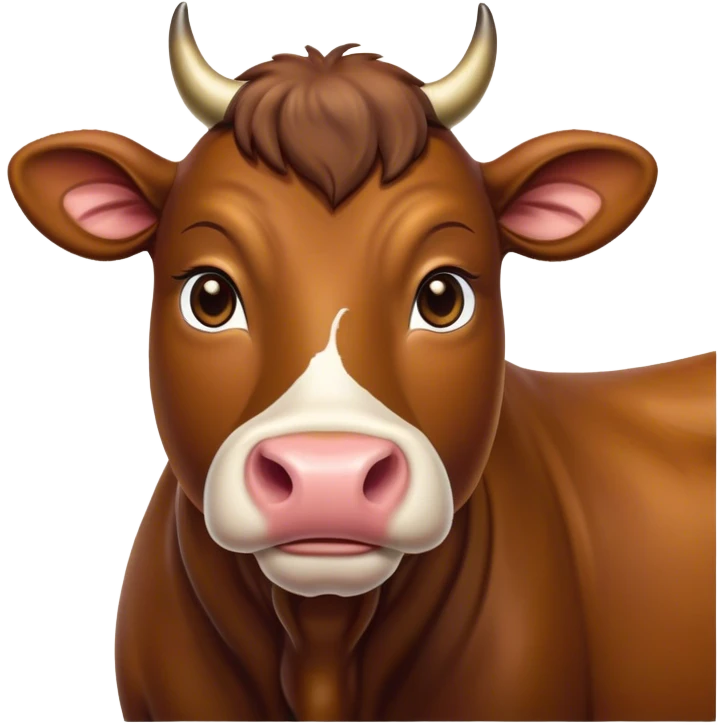 Cinematic Noble Brown Cow Portrait Emoji, Poised and regal, with a large, sturdy build and a smooth, well-groomed deep brown hide, deep-set soulful brown eyes, Simplified yet sharp and sophisticated features, highly detailed, glowing with a soft, dignified glow, high shine, intelligent and calm, stylized with an air of pastoral majesty, focused and attentive, soft glowing outline, capturing the essence of a watchful and confident bovine guardian, so majestic it feels as though it could amble out of the screen with effortless authority! emoji