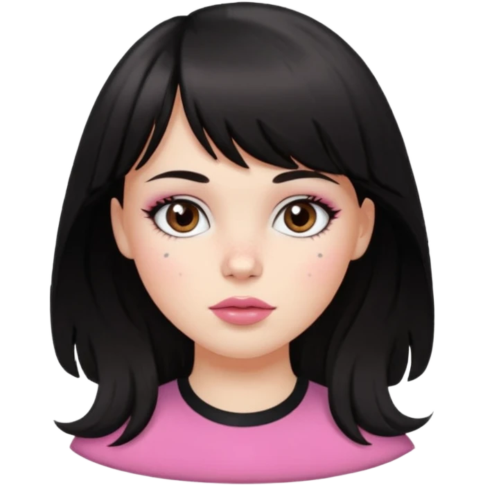 white girl, oval face, bangs and long black, slightly wavy hair. With round brown eyes, small and round nose, full and pink lips. Skin with some freckles. rock style emoji