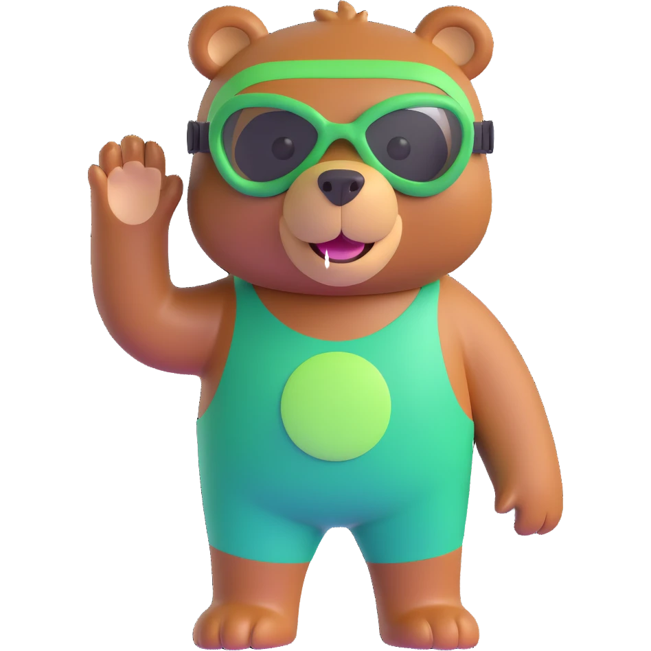 cute brown bear with a green snorkel mask, cheerful emoji