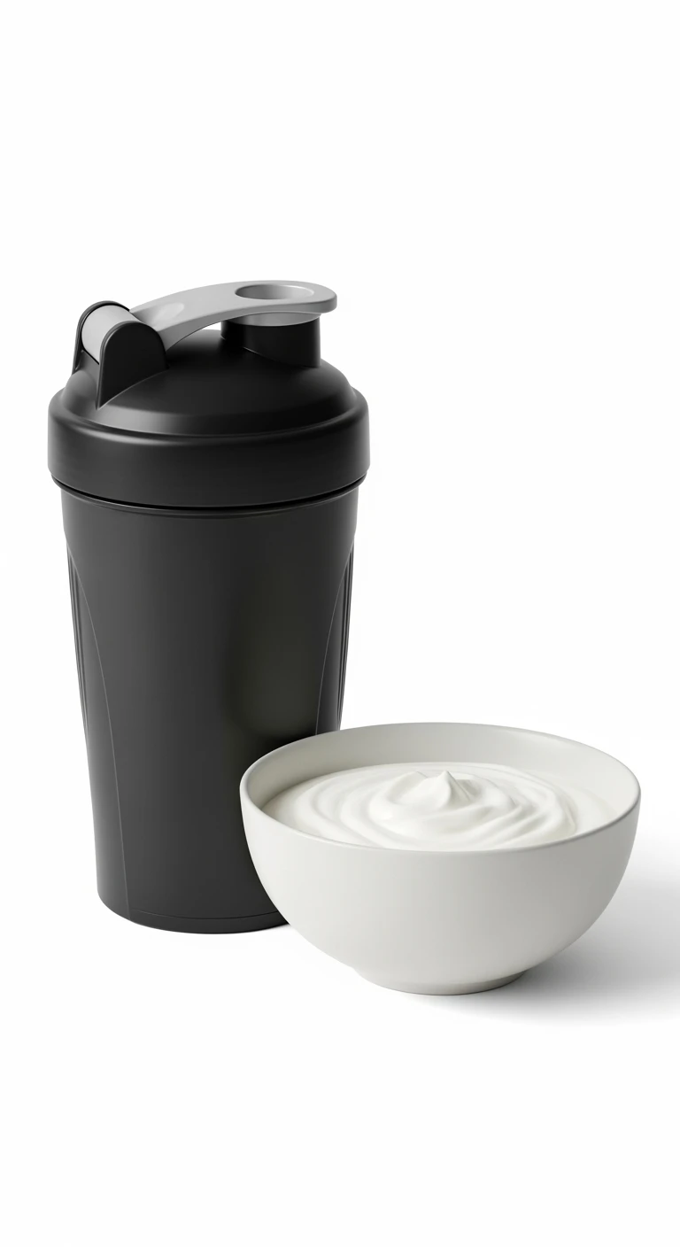 SHAKER PROTEICO E BOWL DI YOGURT GRECO, iperrealistico 4k, ISOLATA SU SFONDO BIANCO emoji