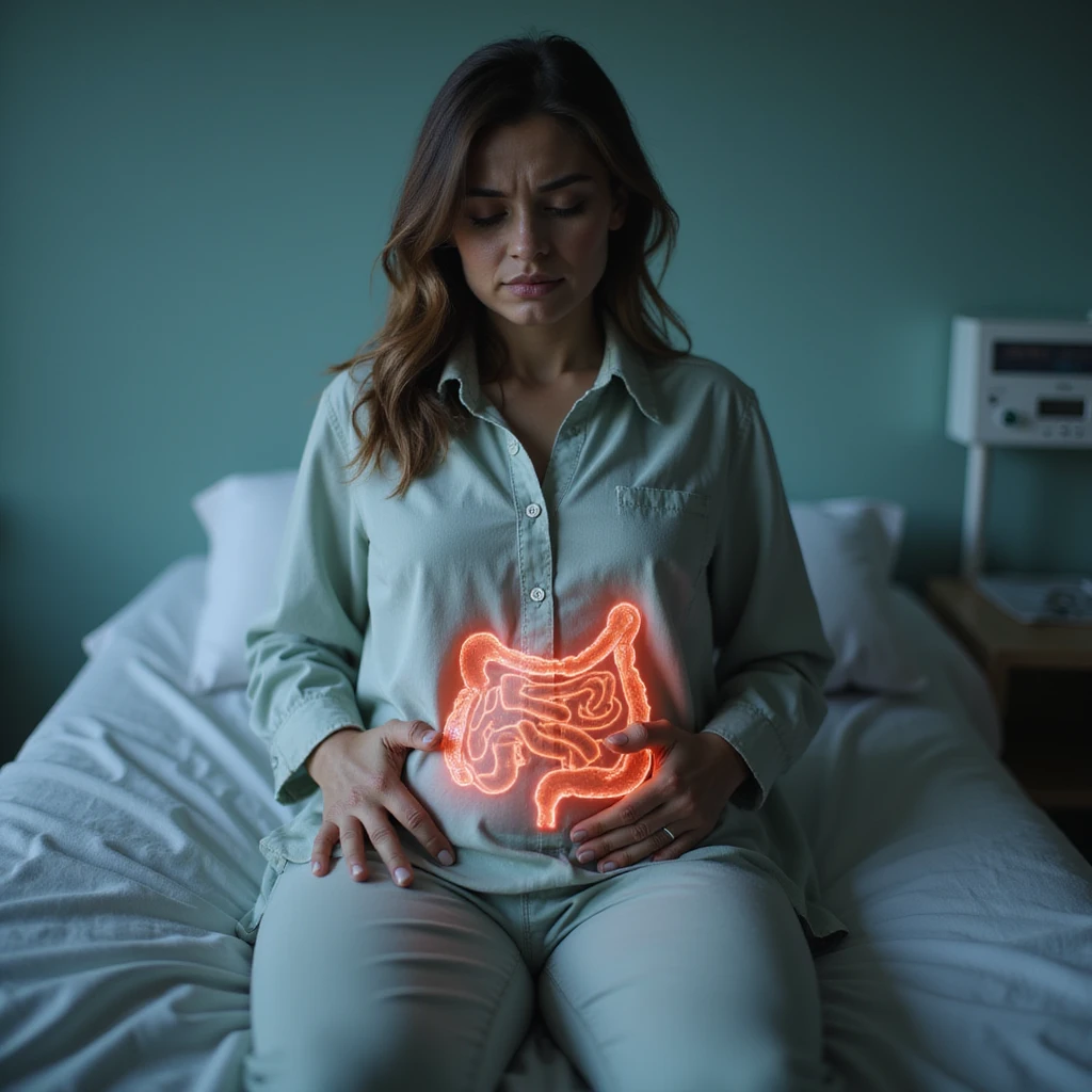 hyperrealistic 4K image of a woman sitting on a medical examination table, pale and suffering face, hand on abdomen, intestine highlighted in transparency with signs of inflammation, clinical atmosphere emoji