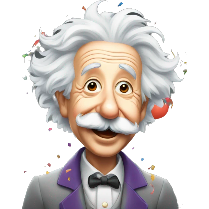 happy albert einstein with lots of colourful confetti and party balloons emoji