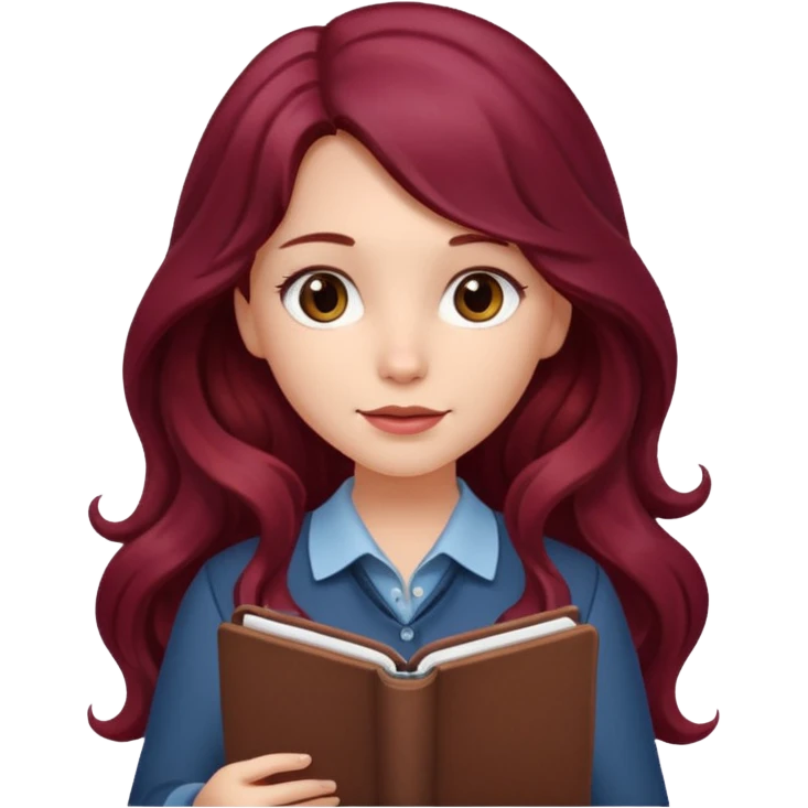 girl with long wavy burgundy hair and a notebook emoji