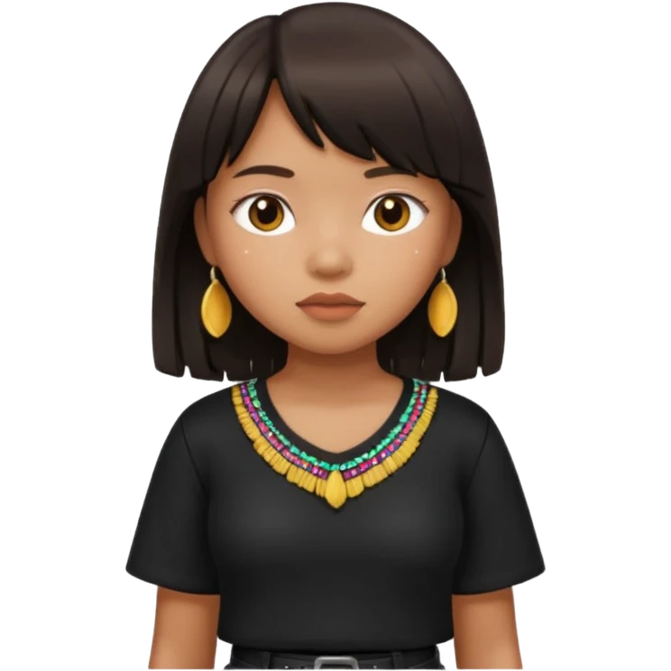 Philippino girl in black fringed shirt, with hand on hip emoji