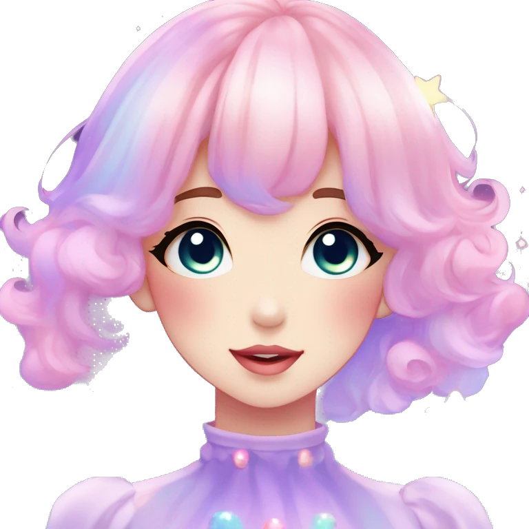 Gorgeous pastel anime style lady blushing nebula-gradient-sparkle face dreamy idol model colorful shiny stars galaxy kawaii cottagecore pearly petite simplistic aesthetic trending style emoji