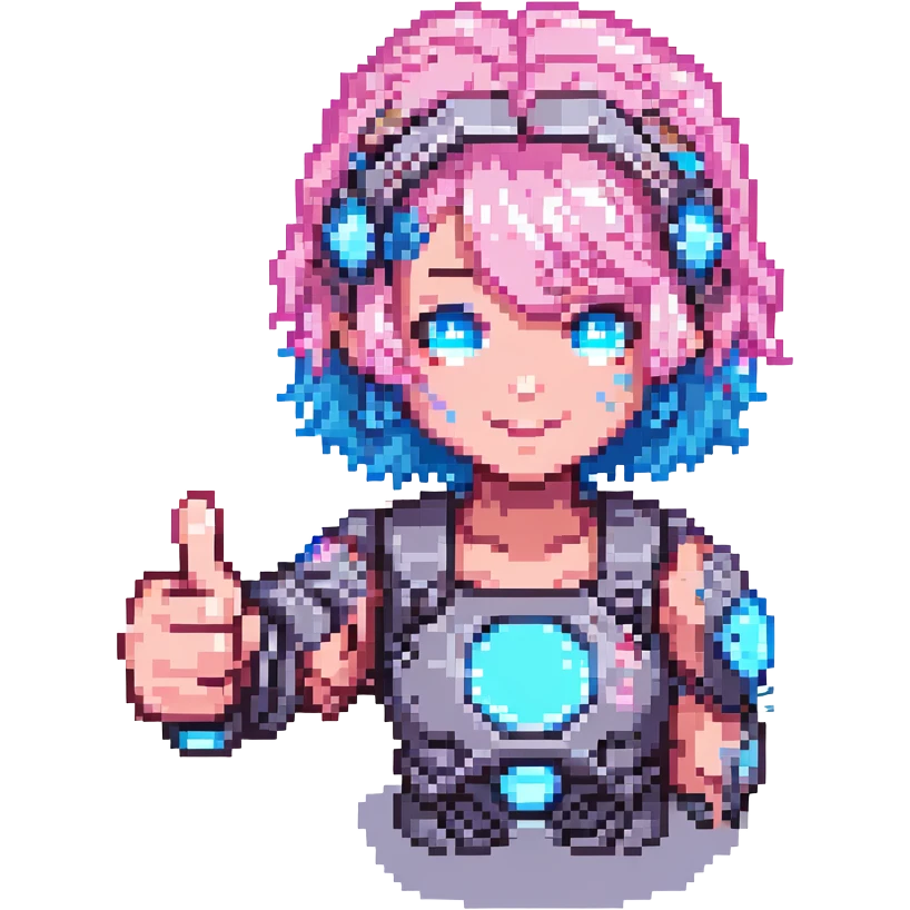 cyborg girl with pink hair giving a thumbs up, pixel art style, glowing blue eyes emoji