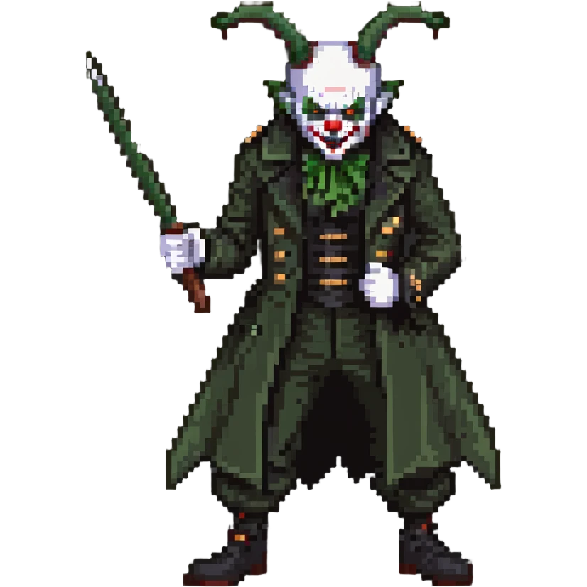 evil clown soldier, bald, black horns on forehead, angry expression, showing fangs, pointed ears, eye patch over one eye, long coat over black and military green clothes with bellbottom pants, tail, holding a different style of whip, realistically proportioned, less bulky, full body, fighting stance emoji