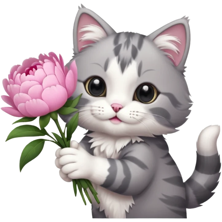 Cute cat Handing pink peonies like reaching a hand and handing them out a bouquet of them not a physical hand the cats hand  make the cat fluffy and grey and white  emoji