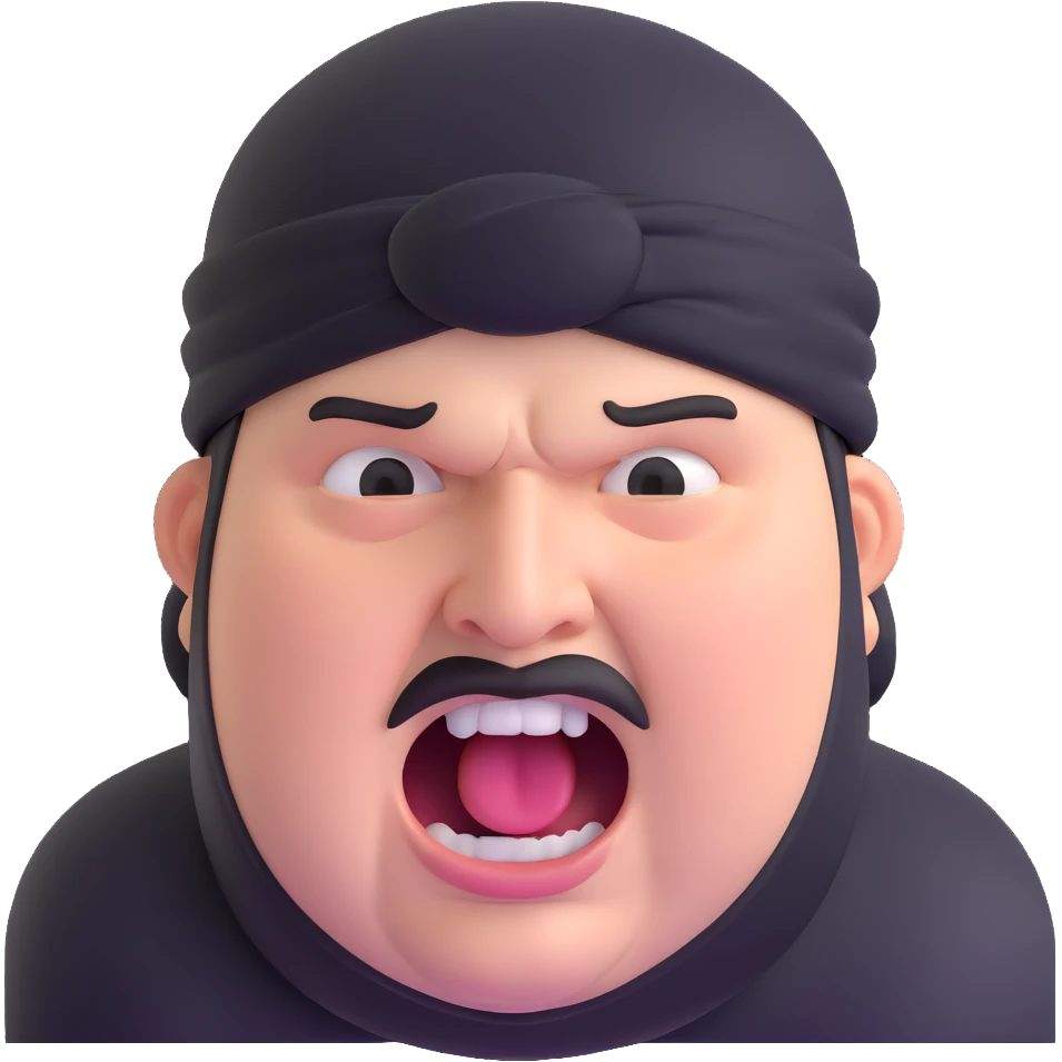 Super extreme tight close-up of just the face of morbidly obese white skin guy with young face, prominent BLACK DURAG tied clearly on head, black beard but no mustache, clean shaven upper lip, black eyes, mouth wide open screaming angrily emoji