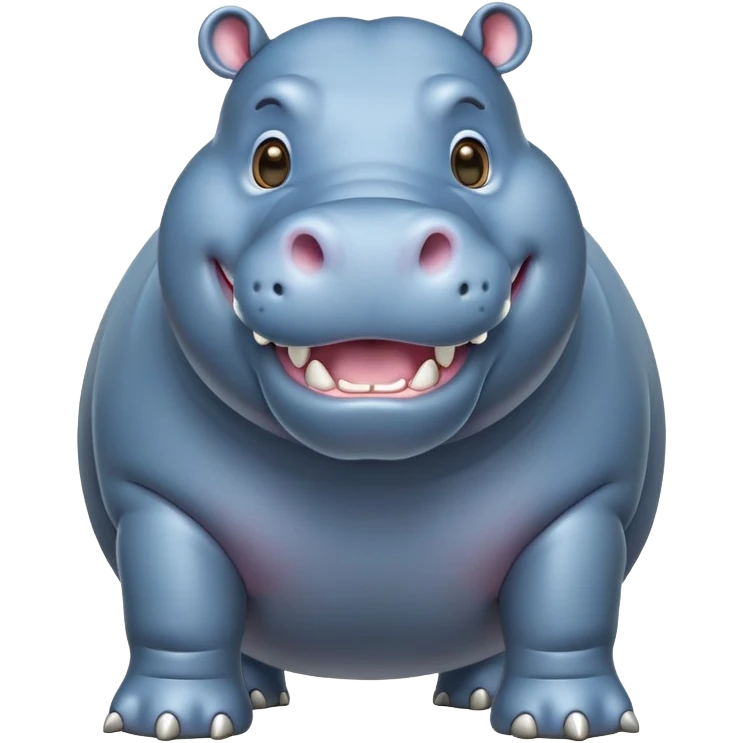 cinematic-hippo-realistic-full-body-side-view-standing-on-all-fours-emoji,-massive-round-frame,-wide-mouthed-grin-exposing-huge-teeth,-head-tilted-dramatically,-thick-greyish blue-hide-glossy, big cute eyes emoji