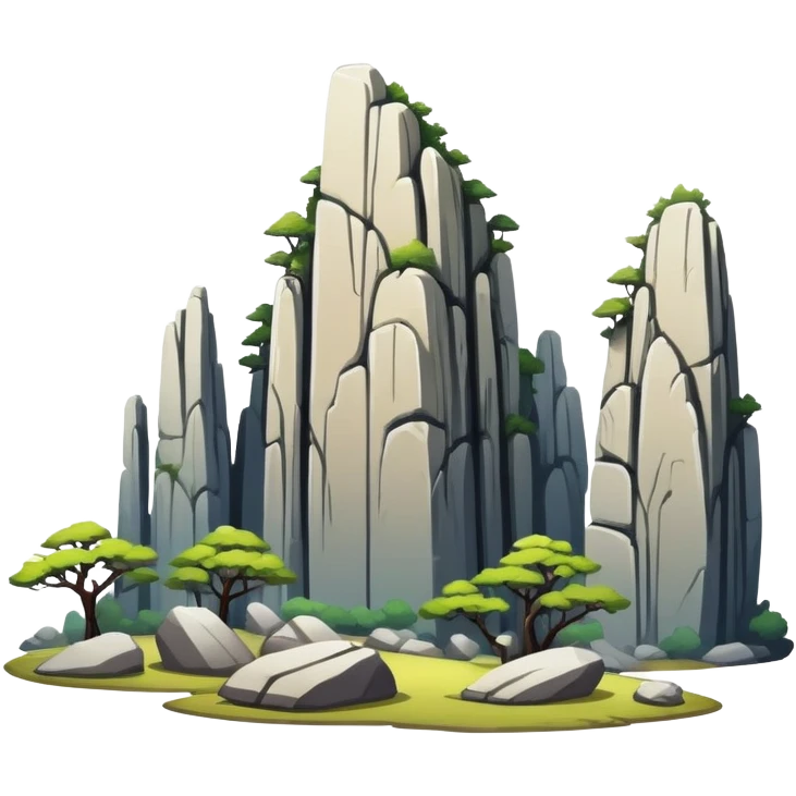 Kunming Stone Forest karst landscape Yunnan, simplified emoji style with bold outlines and bright colors, cartoon style tall rock formations emoji
