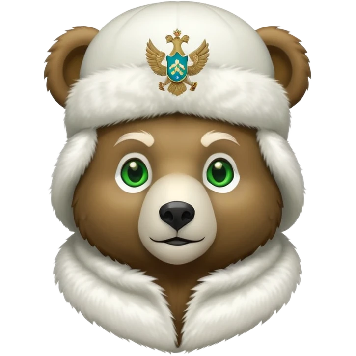 Cute stylized bear with green eyes, white fur hat with basic Russian coat of arms featuring double-headed eagle, minimalist iOS emoji style emoji