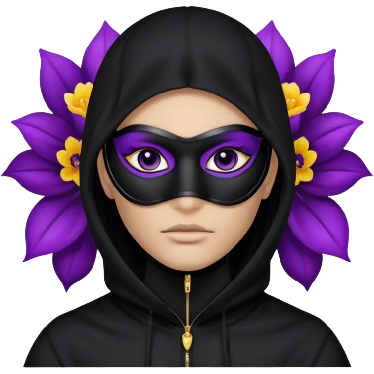 no visible face non human cartoon character related to a shadow, with all black clothes, focusing a black hoodie, and a black versace face mask covering his entire face, just his purple shadow eyes making a light bloom emoji