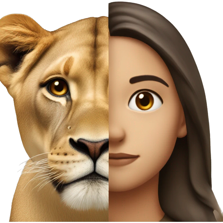 Half of the brunette girl's face together with half of the lioness's face in one emoji