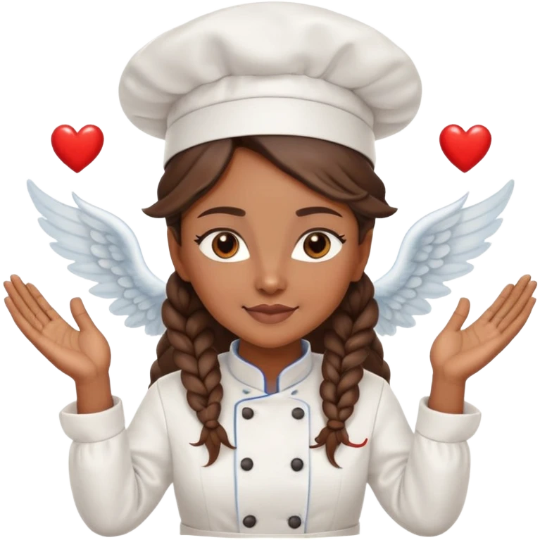 Brown-skinned female chef with long braided brown hair, wearing a chef's hat, with both an angel halo and devil horns, making a heart shape with her hands emoji