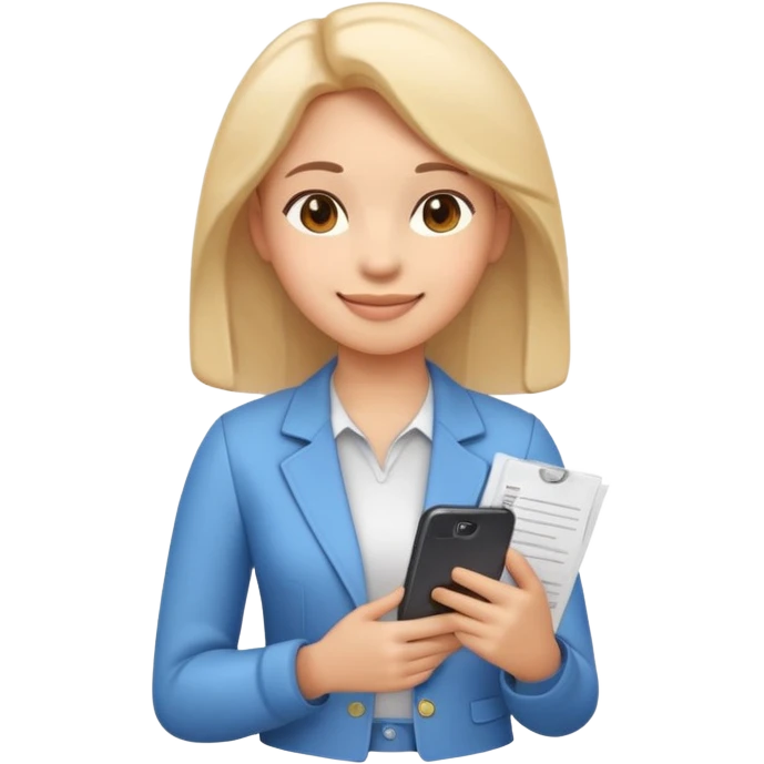 3D emoji style sticker, confident young woman, white background, smiling, standing upright, holding a smartphone and a document, relaxed and proud expression, student success vibe, soft lighting, minimalistic, clean astrology emoji style emoji