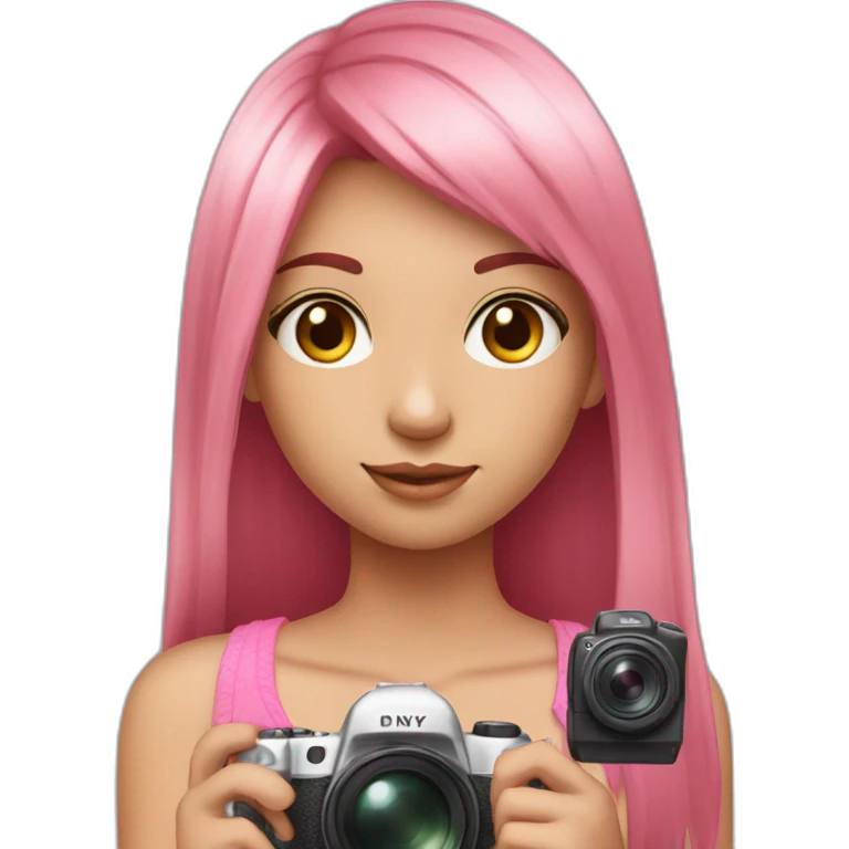 cute girl with long, straight rose hair with fringe and holding camera and wearing pink tank top emoji