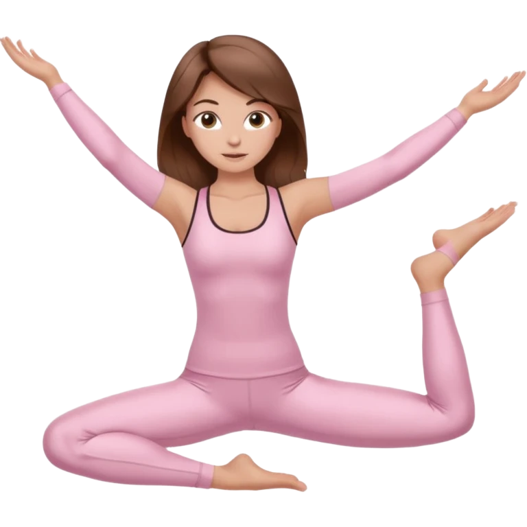 brown hair girl wearing light pink pilates clothes, silk beautiful medium hair and brown eyes, hands down emoji