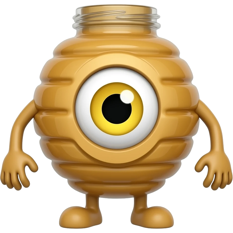 A honey bottle with one single eye and legs and arms with yellow eyes emoji