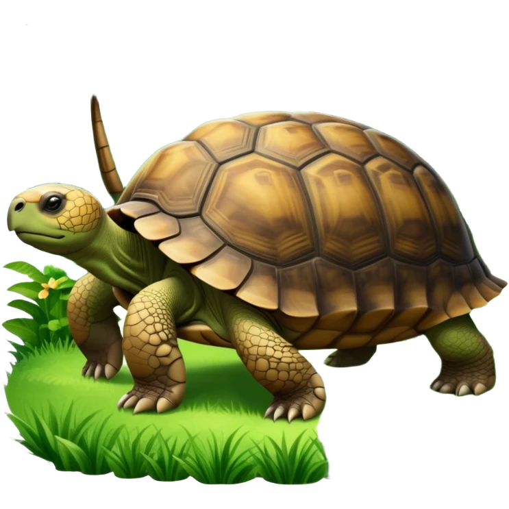 Giant tortoise walking slowly through lush green grass, surrounded by trees and tropical plants. Its large, textured shell gleams in the sunlight, and the peaceful, natural environment adds a sense of tranquility. Transparent background, emphasizing the tortoise’s majestic size. emoji